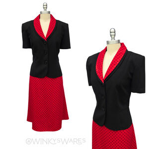 Vintage 80s does 40s Skirt Suit Size M 10 Black Red Dots Office Siren Pin Up